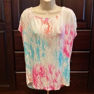 Venus Small Tie Dye Pink, Blue, & White Oversized Wide Neck Short Sleeve Shirt